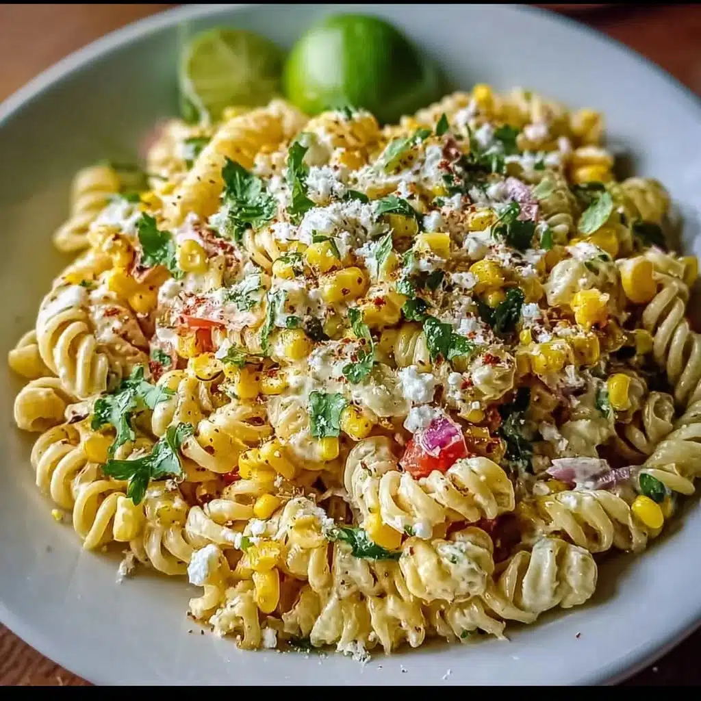Colorful Street Corn Pasta Salad with fresh vegetables and creamy dressing.