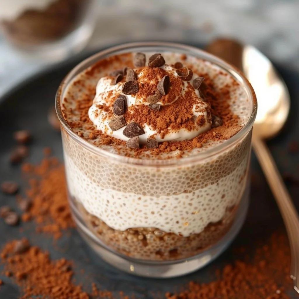 Tiramisu-inspired chia pudding topped with Greek yogurt and cocoa powder