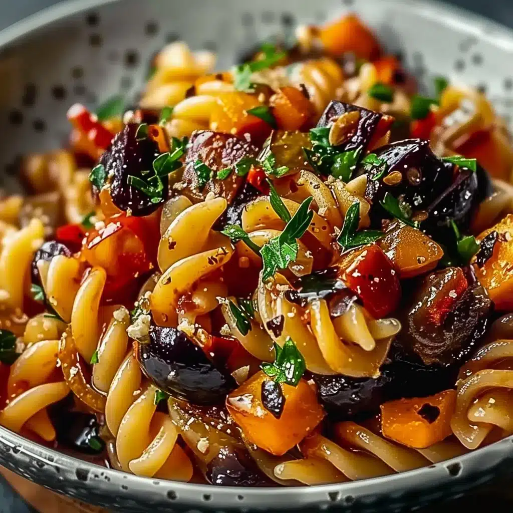 Vegan One-Pot Pasta with Roasted Vegetables served in a bowl