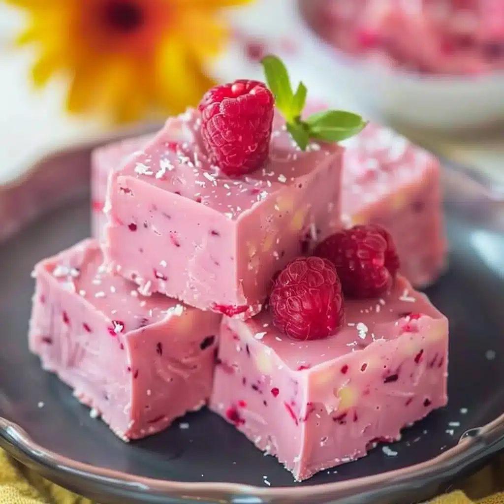 Delicious Vegan Raspberry Coconut Fudge topped with fresh raspberries and coconut flakes