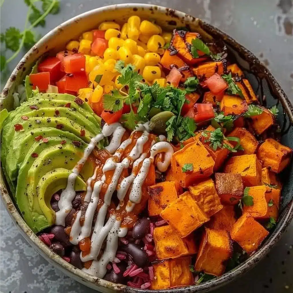 Vegan Sweet Potato Burrito Bowl with colorful toppings in a bowl