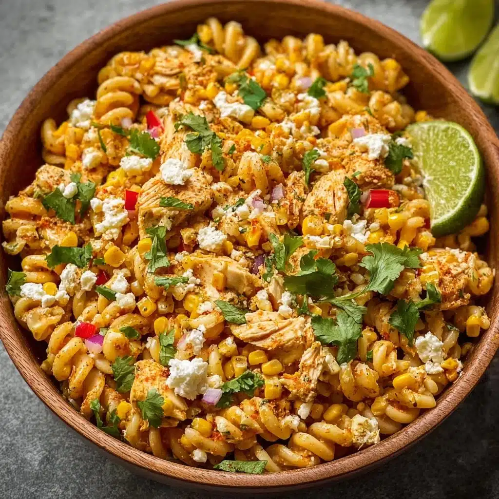 Zesty Mexican Street Corn Pasta Salad with chicken and fresh ingredients